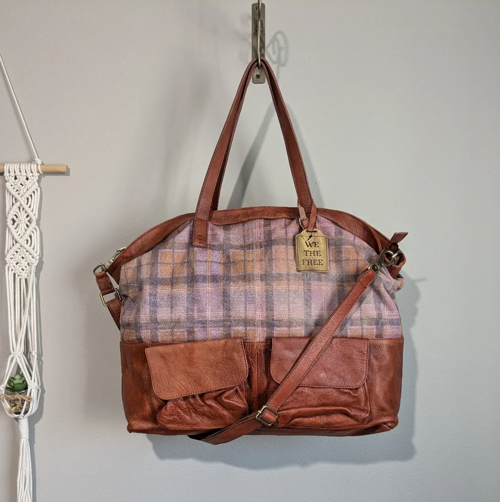 Free People We the Free Leather Rockport Tote Madras Plaid - Picture 2 of 12